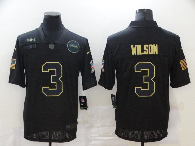 Men Seattle Seahawks #3 Wilson Black gold lettering 2020 Nike NFL Jersey